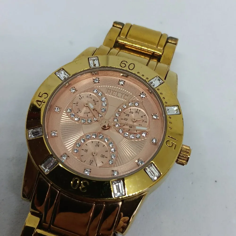 Relic ZR15668 Women's 34mm Gold Tone Multifunction Crystal Accent Watch